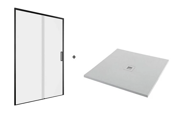 Душевая дверь в нишу Aquanet Pleasure Evo AE65-N100-BT 100*193 L/R черн.анод./прозр. Easy Clean с поддоном серый камень 100*100