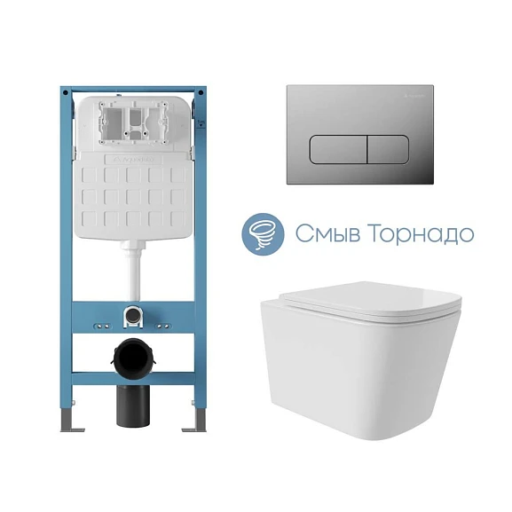 Комплект инсталляции Aqueduto Tecnica Novo с безободковым унитазом Macio Plus Tornado белый глянец, клавиша смыва Forma глянцевый хром