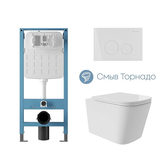 Комплект инсталляции Aqueduto Tecnica Novo с безободковым унитазом Macio Plus Tornado белый глянец, клавиша смыва Circulo белый глянец