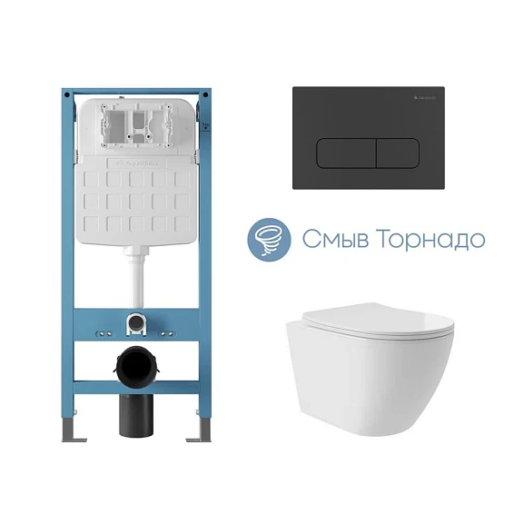 Комплект инсталляции Aqueduto Tecnica Novo с безободковым унитазом Ovo Plus Tornado белый глянец, клавиша смыва Forma черная матовая