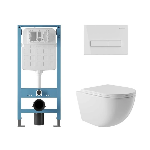Комплект инсталляции Aqueduto Tecnica Novo с безободковым унитазом Ovo белый глянец, клавиша смыва Retangulo белый глянец