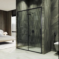 Душевая дверь в нишу MaybahGlass 120*195 профиль черный матовый стекло прозрачное без поддона