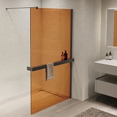 Душевая перегородка Vincea Walk-In 90*200 с полкой стекло янтарь профиль вороненая сталь без поддона